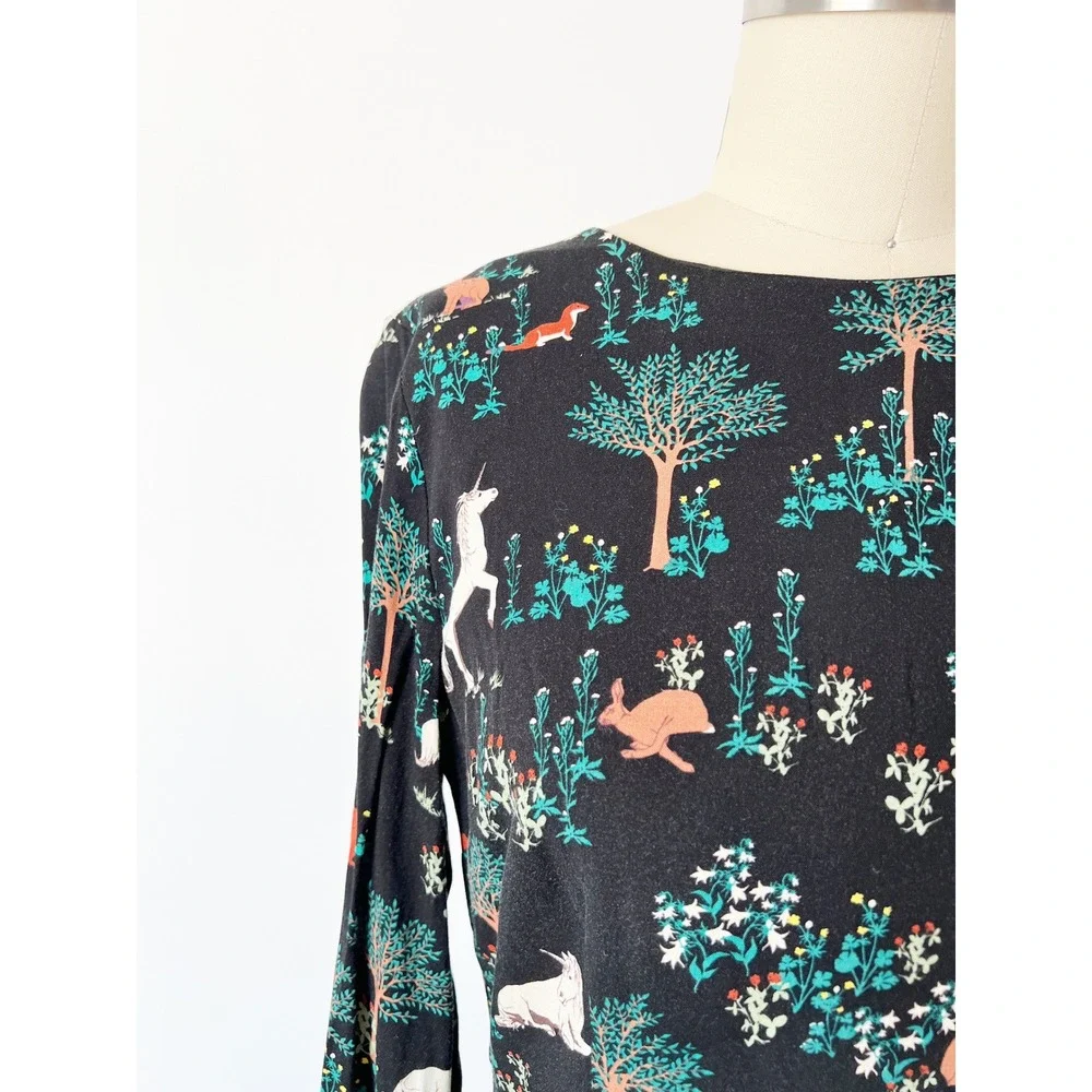 Modcloth Sugarhill Mini Dress Black Unicorn Woodland Print Long Sleeve Whimsical - Picture 3 of 9